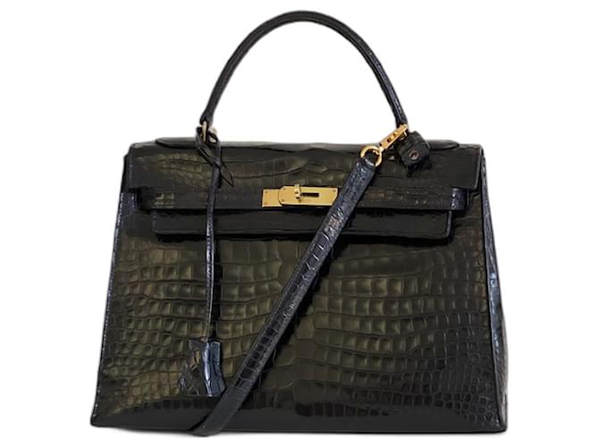 Hermès Hermes Bag Kelly 32 CROCODILO POROSO PRETO Couros exóticos  ref.561104