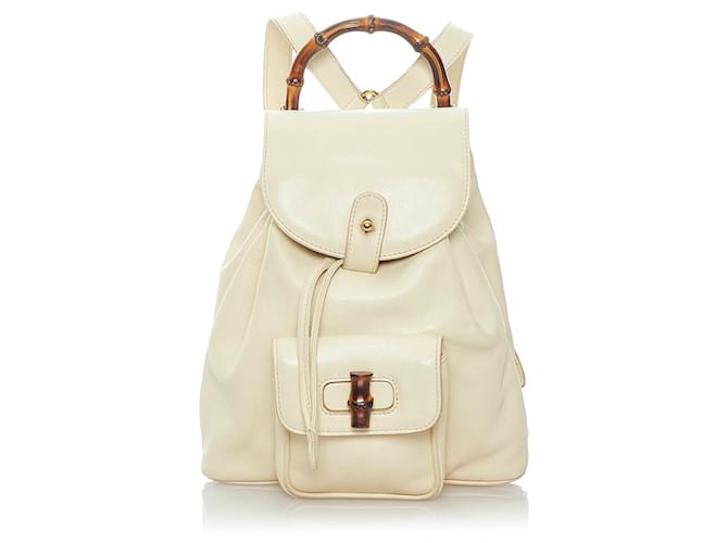 Gucci White Mini Bamboo Drawstring Leather Backpack Pony-style