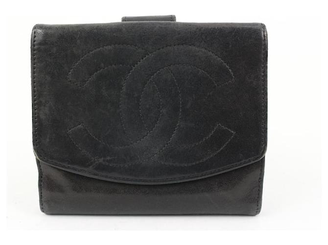 Chanel Porte-monnaie en cuir d'agneau noir avec logo CC  ref.561641