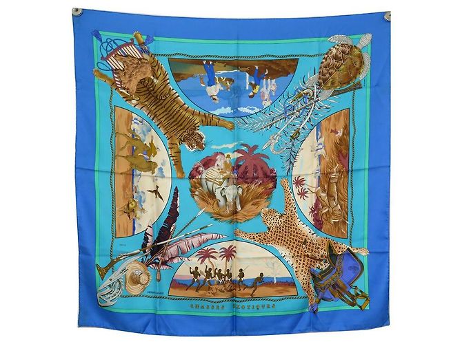 Hermès HERMES SCIARPA CACCIA ESOTICA LEDOUX SQUARE 90 SETA SCIARPA IN SETA BLU
