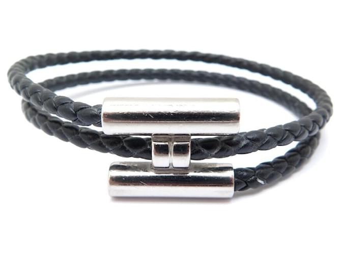 Hermès HERMES TOURNIS STEEL AND BRAIDED LEATHER BRACELET 18 BLACK + BANGLE POUCH BOX  ref.562225