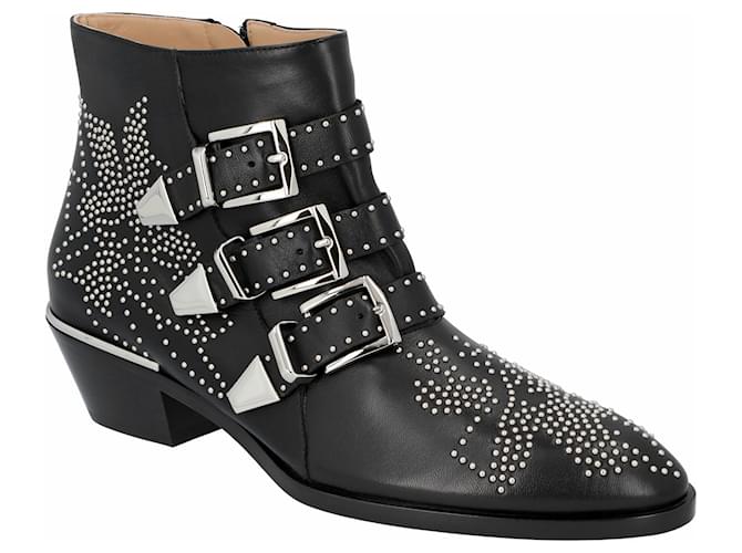 Chloé women susanna short boots in black leather with silver studs Beige  ref.562289