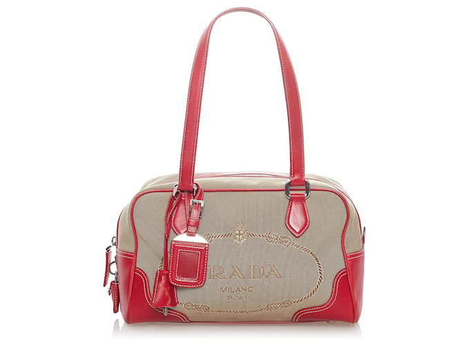 Prada Brown Canapa Logo Canvas Shoulder Bag Red Beige Leather Cloth Pony-style calfskin Cloth  ref.562385