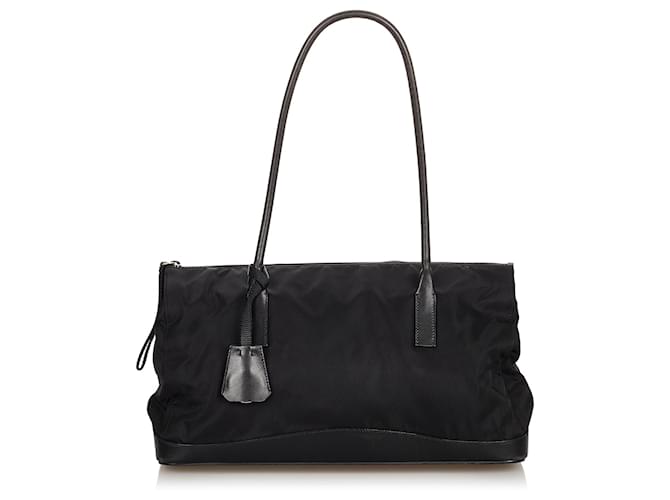 Prada Black Tessuto Nylon Calf Leather Trim Satchel Tote Bag