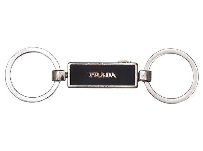 [Used] Prada lined Keyring Silver Black 2PS025 Keychain Metal Material Used PRADA PORTACHIAVI SMALTO Keychain Popular Ladies Men's Unisex Silvery  ref.562458