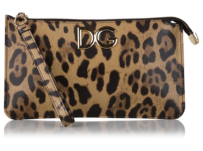 Dolce & Gabbana Dolce&Gabbana Pochette en cuir imprimé léopard marron Veau façon poulain Multicolore  ref.562817