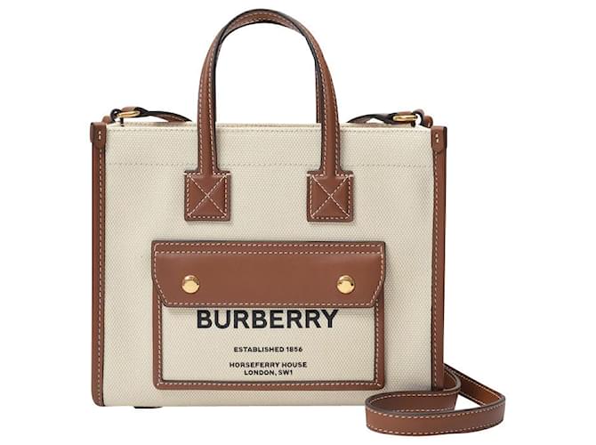 Burberry Mini New Tote Bag in Natural and Tan Canvas Beige Cloth  ref.562976