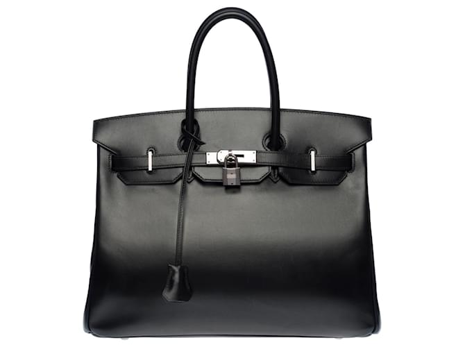 Hermès Bolso Hermes Birkin excepcional y muy raro 35 caja de cuero negro, adornos de metal plateado paladio  ref.563447