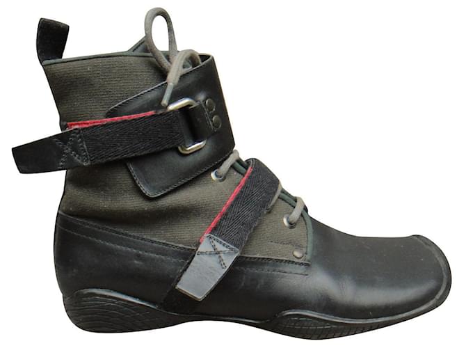 Prada p boots 38 Black Khaki Leather Cloth  ref.563463