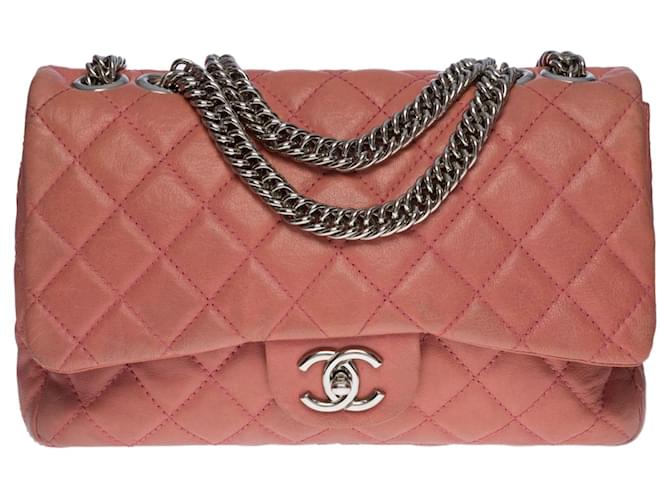Bolsa Chanel Timeless/Classique Jumbo Flap muito bonita em pele de cordeiro acolchoada envelhecida rosa pó, Garniture en métal argenté Couro  ref.563860