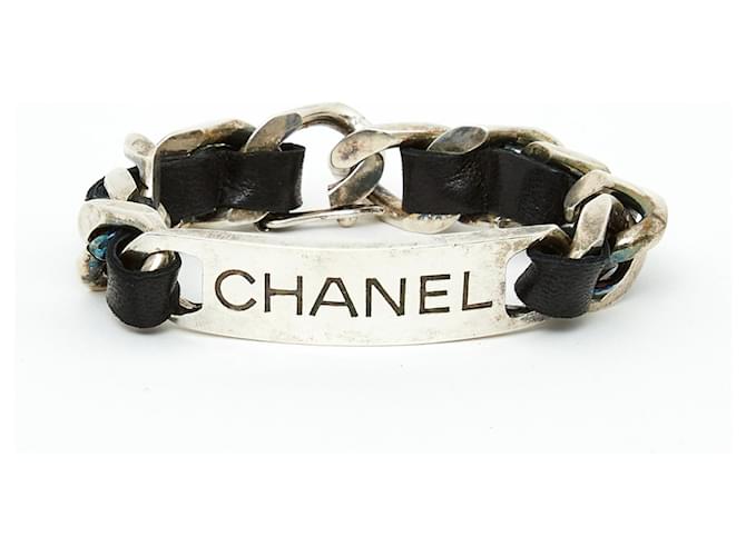 Chanel 95EIN MAXIKETTENARMBAND Schwarz Silber Leder Metall  ref.564069