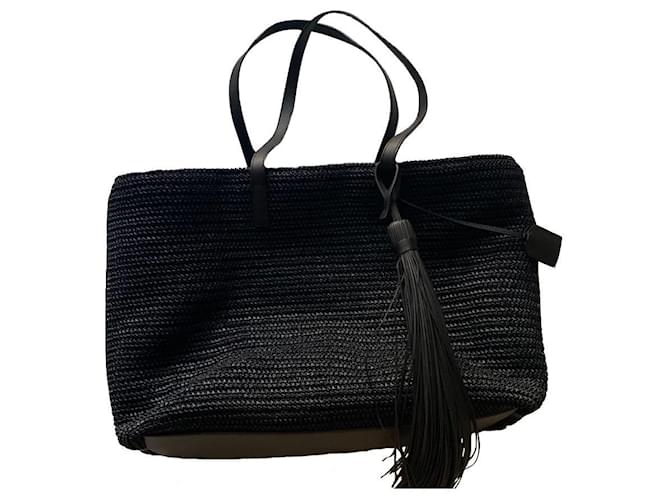 Saint Laurent shopping bag in black raffia Straw  ref.564117