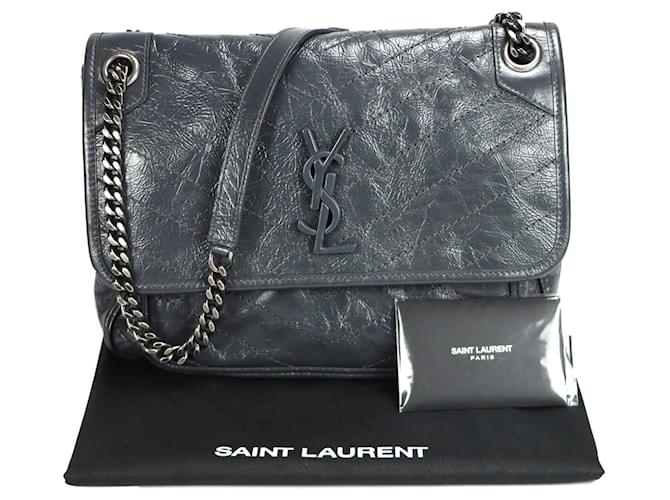 Saint Laurent YSL Niki Medium Crinkled Leather Shoulder bag in Black