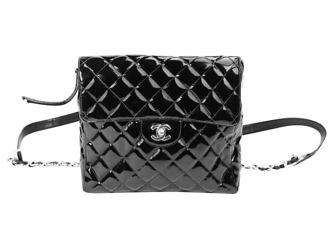 Chanel Flap Backpack Black Patent Leather Silver  ref.564263