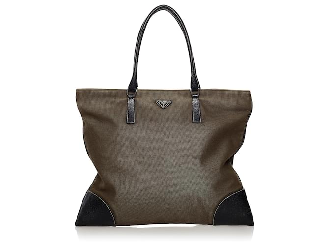 Prada Brown Canvas Tote Bag Black Khaki Leather Cloth Pony-style