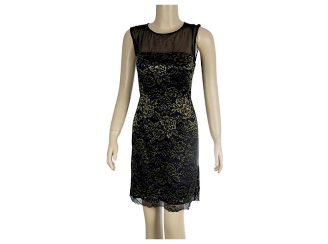 Diane Von Furstenberg DvF Black and Gold Floral Scalloped Lace Nisha Mini Dress Golden  ref.564598