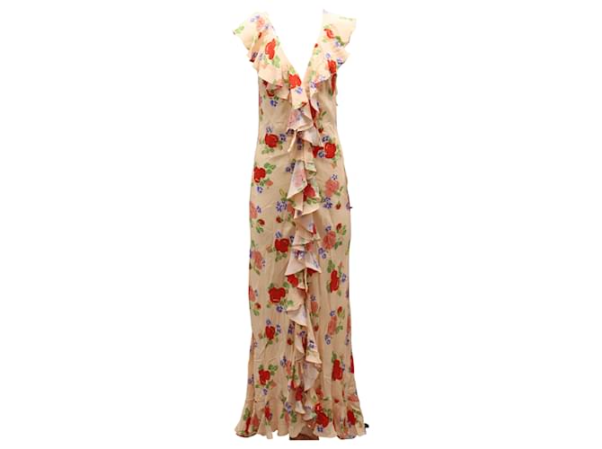 Autre Marque De La Vali Jolene Floral-print Deep V-neck Ruffled Dress in Beige Silk Chiffon  ref.565202