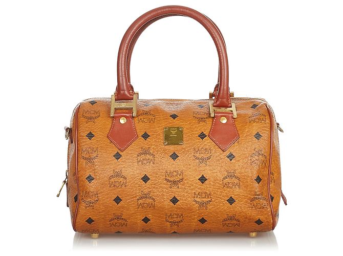 MCM Brown Visetos Couro Boston Bag Marrom Preto