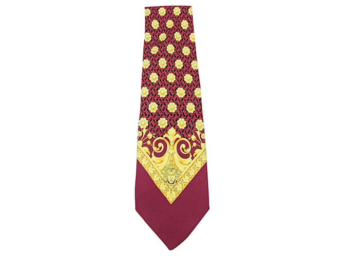 Versace Cravate en soie à imprimé bordeaux/jaune  ref.565512