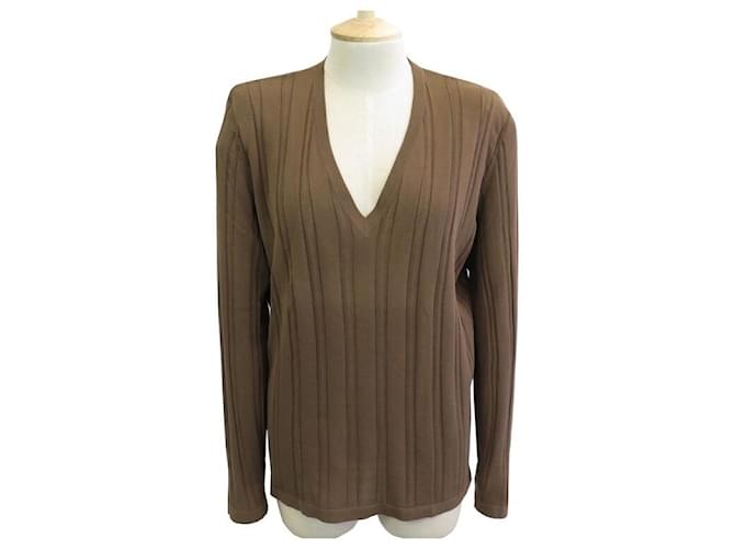Hermès NEW HERMES V-NECK TOP 38 M IN BROWN COTTON NEW BROWN COTTON SWEATER TOP  ref.566293