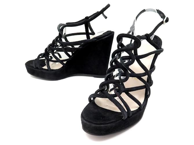 CHRISTIAN LOUBOUTIN SHOES WEDGE SANDALS 38 Black suede flats  ref.566304