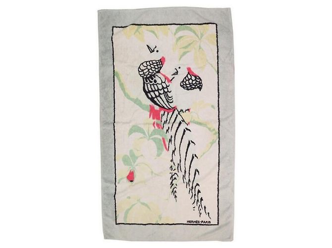 Hermès DRAP DE PLAGE HERMES OISEAUX SERVIETTE DE BAIN COTON GRIS BEACH TOWEL