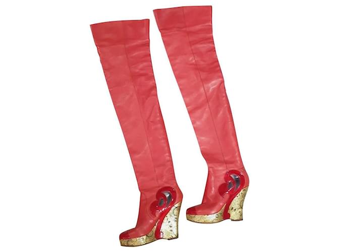 Chanel Red Paris Moscow Leather Over Knee Wadge Boots Dark red  ref.566979