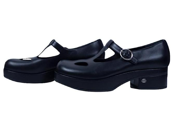 Novo com etiqueta Gucci Mary Jane sapatos de salto grosso T 39 Preto Couro  ref.567006