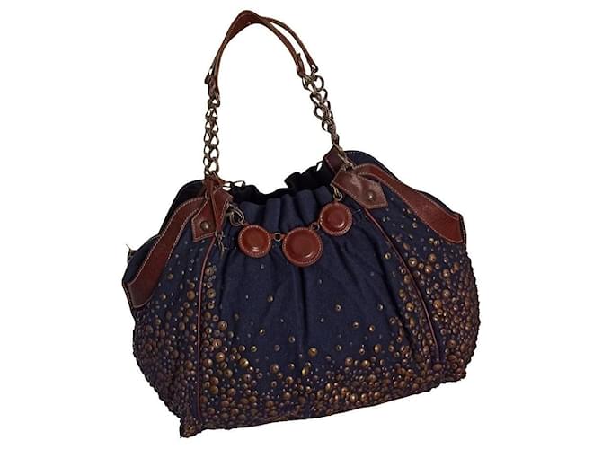 Christian Louboutin tote bag bag Brown Dark blue Leather Cotton  ref.567501