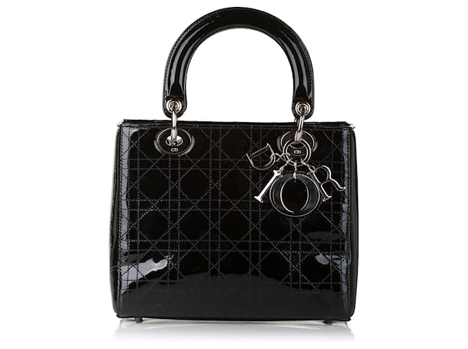 Bolso de mano Dior de charol Lady Dior negro con puntada Cannage Cuero  ref.567563
