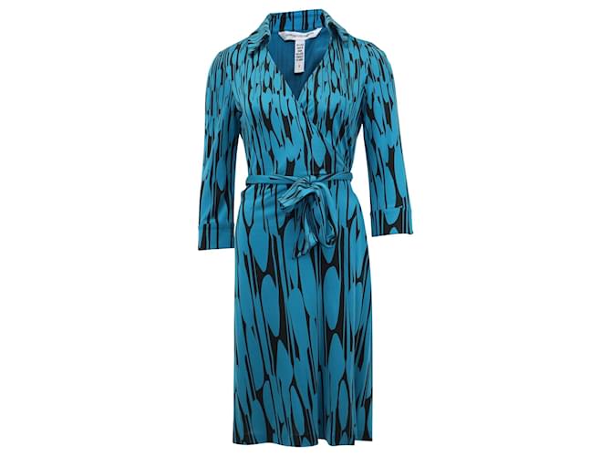 Vestido cruzado con cuello de Diane Von Furstenberg en seda azul  ref.567676