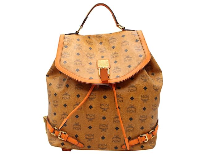 MCM Visetos Backpack with Orange Trim Brown Leather  ref.567694