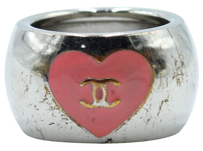 Chanel Pink and Silver Metallic Heart "CC" Ring Silvery  ref.567733
