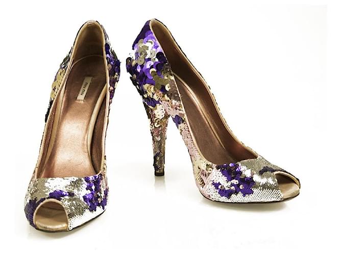 Miu Miu Silver Gold Purple Fully Sequined Peep Toe Pumps Heels Shoes - Sz 38 Multiple colors Leather  ref.567923