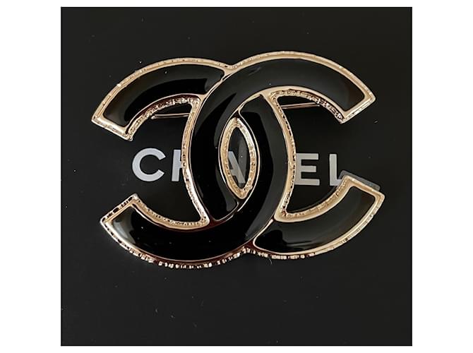 Large Black Enamel CC Logo Gold Tone Metal Brooch Pin
