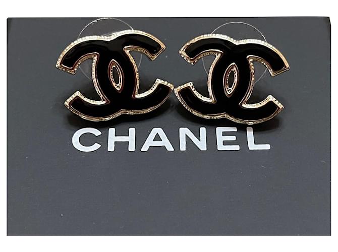 Chanel Black Enamel CC Logo Gold Tone Metal Earrings ref.568281