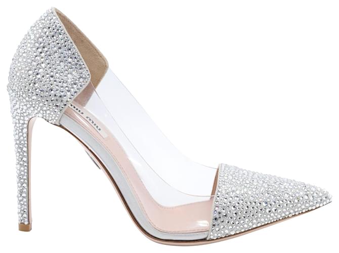 Zapatos de tacón de cristal adornados con cristales de Miu Miu en piel plateada Plata Cuero  ref.568543