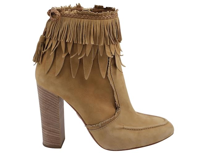 Aquazzura Tiger Lily Fringed Ankle Boots in Beige Suede  ref.568577