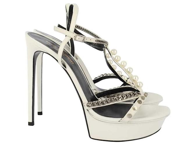 Saint Laurent White Pearl & Chain Alice 105 Sandals Silver hardware Leather  ref.569178