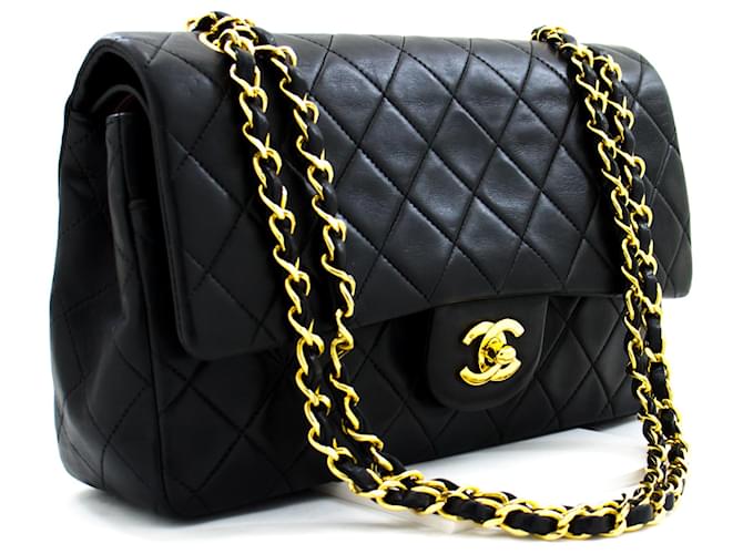 Chanel 2.55 Bolsa de ombro forrada com aba e corrente Bolsa de mão preta de pele de cordeiro Preto Couro  ref.569187