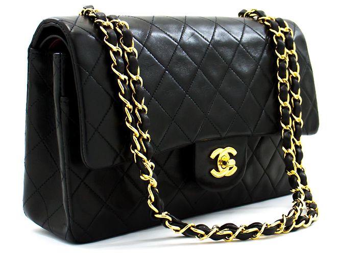 Chanel 2.55 Borsa a tracolla a catena media con patta foderata Pelle di agnello nera Nero