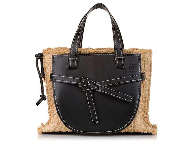 Loewe Gate Small Leather And Raffia Top Handle Bag in Brown