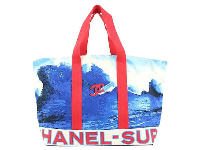 Chanel Bolsa Tote XL Azul x Vermelho Wave Surf Beach  ref.569918