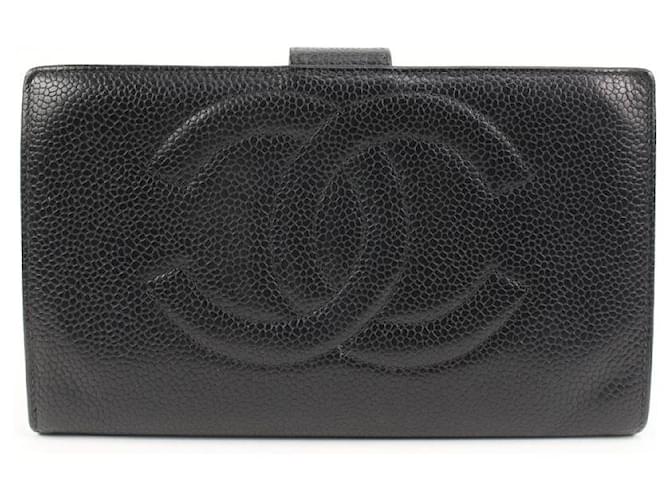 Chanel Carteira de couro caviar preto com logo CC longo snap bifold  ref.569952
