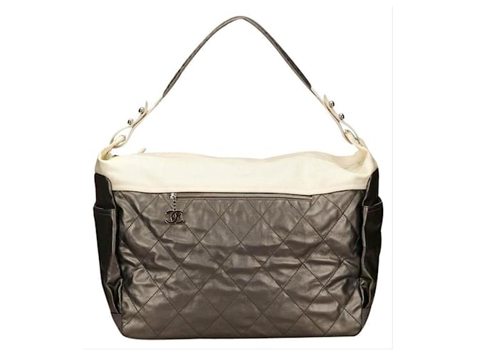 Chanel Large Silver and Cream Quilted Biarritz Paris Weekender Hobo Leather  ref.569955