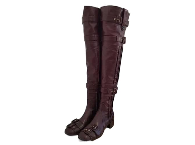 Prada Burgundy Buckle Over-the-Knee Boots sz.37 Brown Leather  ref.570458