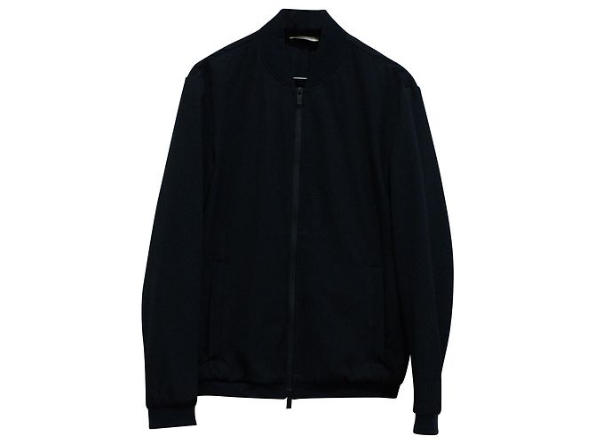 Armani Seersucker Bomber Jacket in Navy Blue Cotton