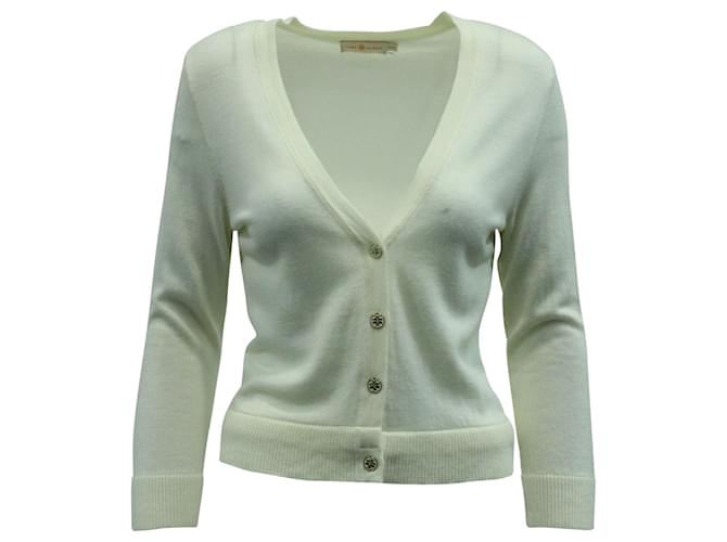 Tory Burch Cardigan with Logo Buttons in Cream Wool White  ref.570533