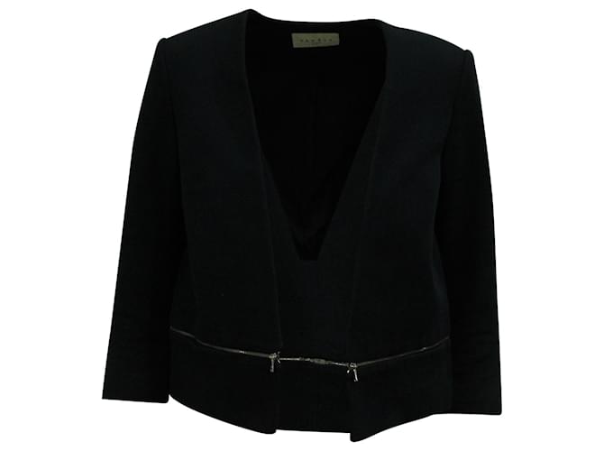 Sandro Paris Elbow-length Sleeves Zipper-trim Jacket in Black Wool Cotton  ref.570540