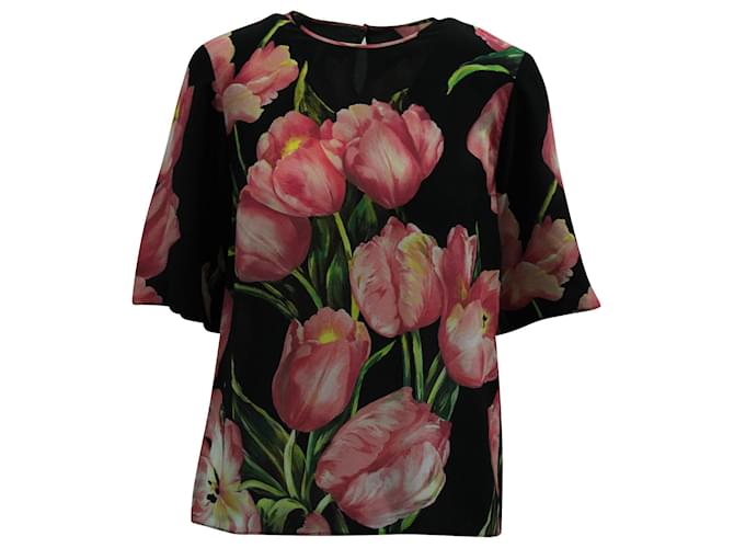 Dolce & Gabbana Bedrucktes Top mit rosafarbenen Tulpen aus schwarzer Seide  ref.570601